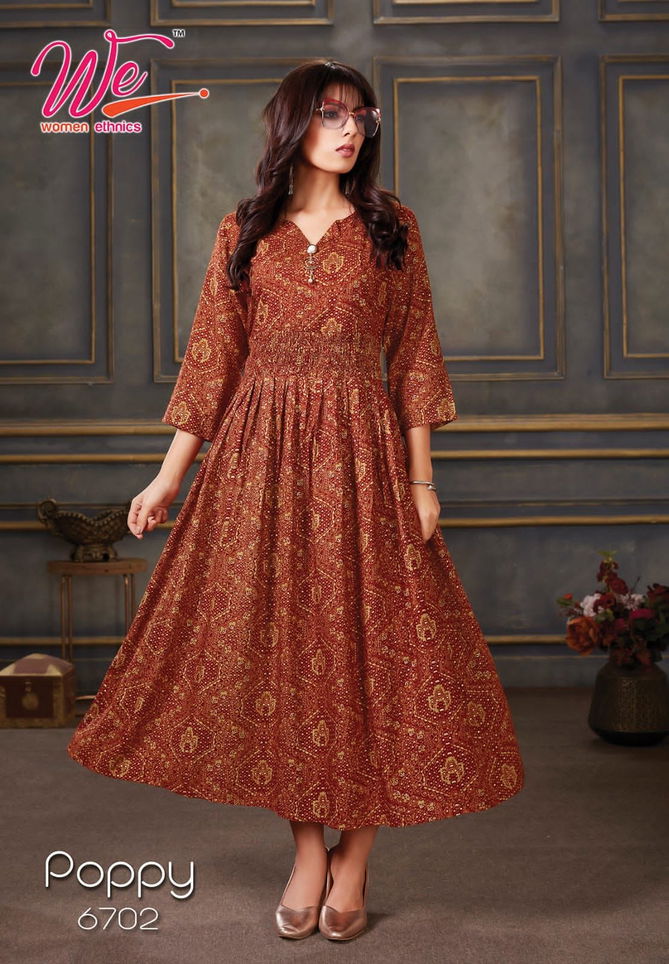 WE POPPY Fancy Party Wear Rayon Printed Anarkali Kurtis Collection